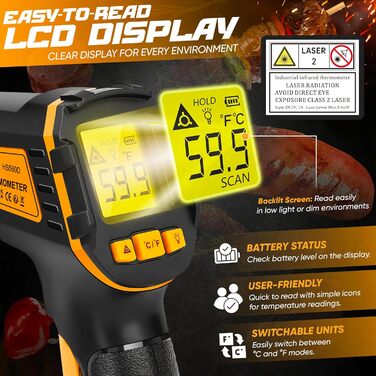 Інфрачервоний термометр пістолет -50 ℃ ~ 600 ℃ Безконтактний цифровий лазерний термометр для приготування їжі, піци, духовки, холодильника, продуктів харчування, ремонту автомобілів, морозильника, солодощів