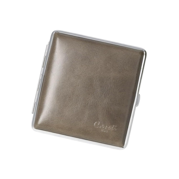 Leather cigarette case, 9.5 x 8.5 x 2 cm, holds 20 cigarettes with elastic band (Gray)