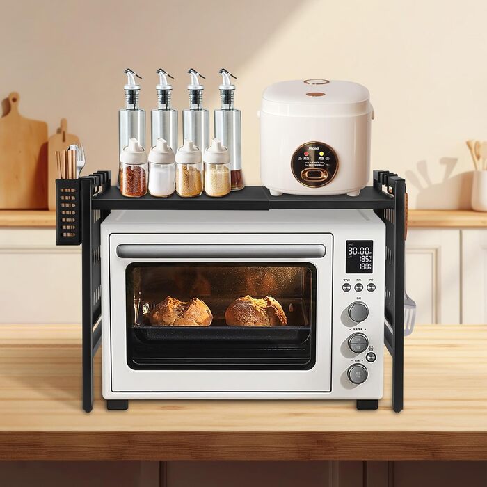 Поличка для мікрохвильової печі 3-рівнева, органайзер з гачками, розширювана, висувна (40-64см), з вуглецевої сталі (чорна, з перфорованим листком, 42-68*36*46см)