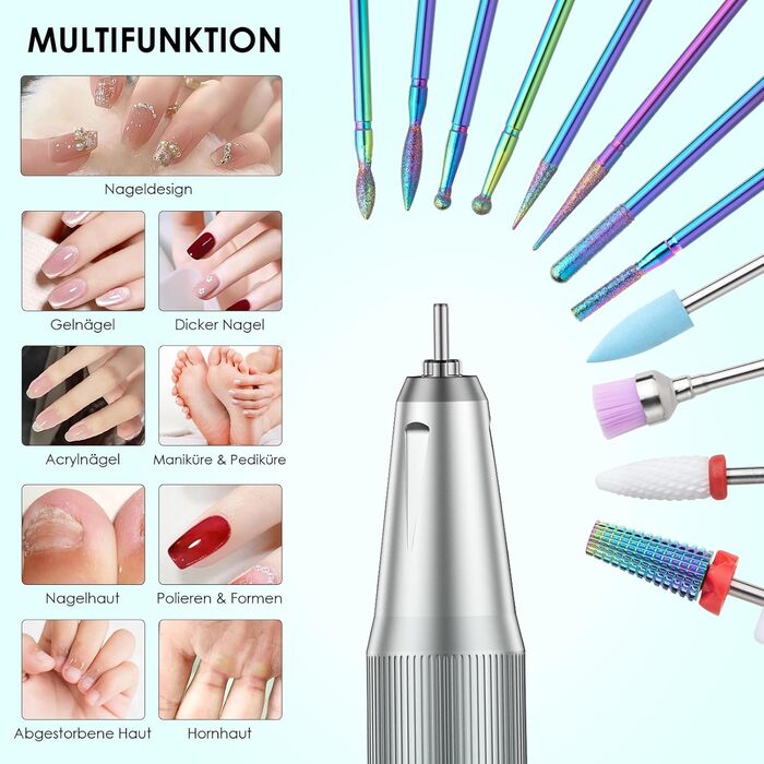 Електричний фрезер для манікюру та педикюру Profi Set 16 в 1 з LCD дисплеєм, 40000 об/хв, F/R, для гелевих нігтів, портативний, фіолетовий, блакитний, білий