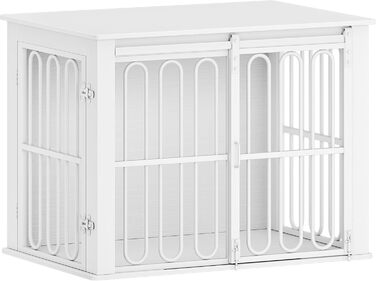 Дерев'яний вольєр для собак, 81 см, переноска для собак, клітка з 2 дверцятами, розсувні двері, для маленьких та середніх собак, міцний, з функцією столику, 81 × 55 × 62,4 см, білий
