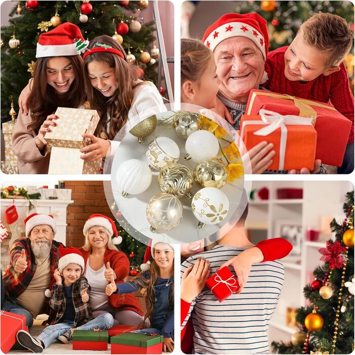 34 штуки новорічних кулі, прикраси для ялинки з пластику, новорічні прикраси з ключ-стрічкою, набір з малюнком оленя, кульки для прикраси ялинки (біле золото)