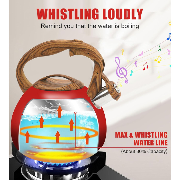 Чайник-свисток Foedo з нержавіючої сталі з дерев'яною ручкою, 3.2 л, градієнт червоного кольору, для чаю, кави та молока, класичний дизайн
