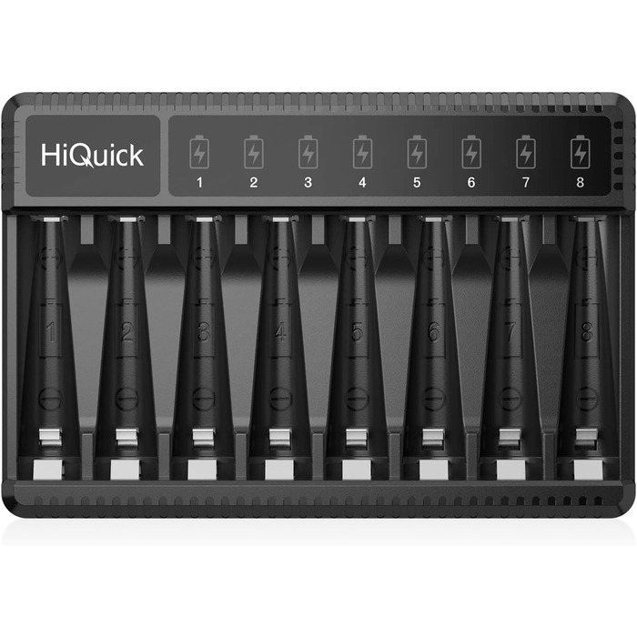 Зарядний пристрій HiQuick для акумуляторів AA AAA, 8 слотів з LED-дисплеєм, сумісний з NI-MH та NI-CD акумуляторами (без акумуляторів)