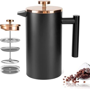 French Press MaxMiuly: Френч-прес для кави, 0.65 л, 3 чашки, нержавіюча сталь, термоізольований, чорний
