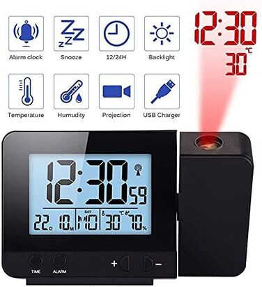 Projection Alarm Clock Digital Clock with Time, Temperature Projection, Dual Alarm, Humidity, Snooze, Timer, Calendar, USB Port (Black)