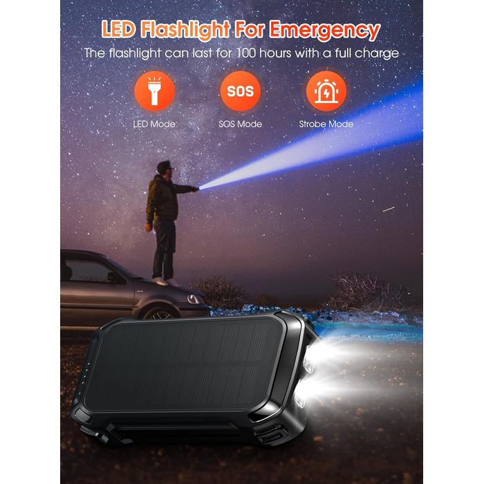 Портативний зарядний акумулятор 26800mAh з сонячною панеллю, 30W PD, 15W Wireless, 3 порти, ліхтарик, для телефонів та планшетів, чорний