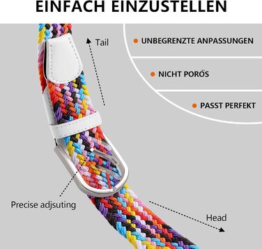 Тканинний ремінь TANGCHAO: еластичний плетений ремінь для жінок та чоловіків, ширина 3.3 см, довжина 90-135 см (білий, багатокольоровий, 120 см)