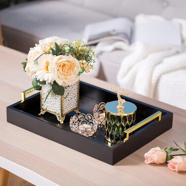 Hanobe Serving Tray Decor Tray Wood: Set of 3 Black Decorative Wooden Trays with Gold Handles Coffee Table, Rectangular Jewelry Tray, Bedside Table Tray, Modern Candle Tray, Coffee Decor Tray