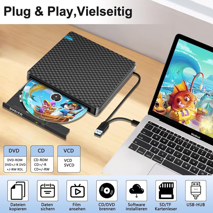 Зовнішній DVD-привід USB-C CD/DVD гравер та плеєр для MacBook, ноутбуків та ПК (Windows 11) з 2 USB-портами та SD/TF слотом, чорний