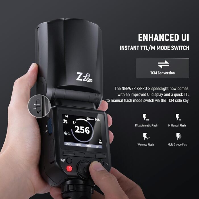 NEEWER Z2-N: Світловий проблиск Speedlite 2.4G TTL для Nikon з моделюючою лампою, швидким перемикачем TCM, HSS 1/8000s, акумулятор 2600mAh