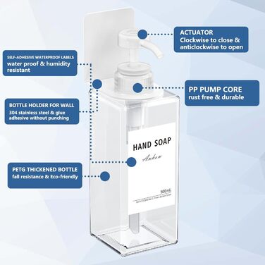 Дозатор мила Anhow 3er PETG для стін, набір з 3 шт. Без свердління, прозорий, 500 мл, з 16 водонепроникними етикетками для кухні/ванної кімнати