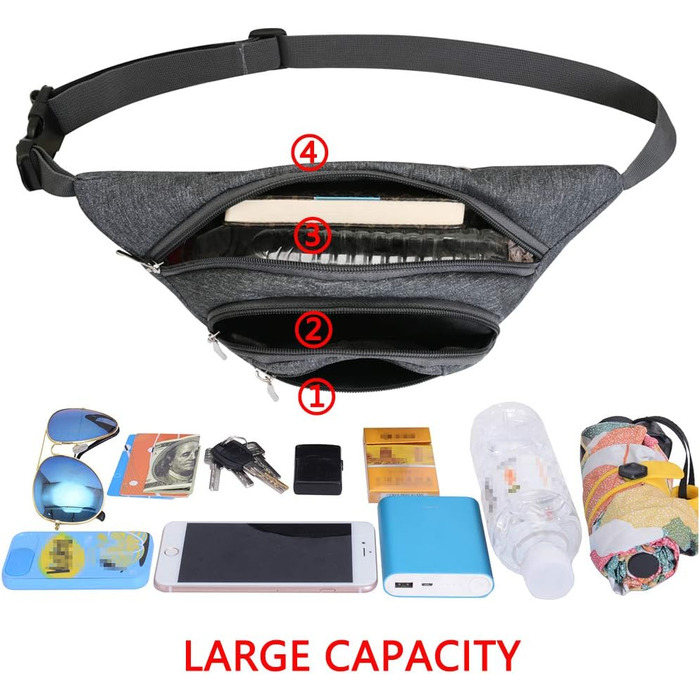 Водонепроникна поясна сумка на пояс для жінок та чоловіків, 3 кишені на блискавці, для піших прогулянок, відпочинку на природі, спорту, подорожей, гаманець (Сірий)