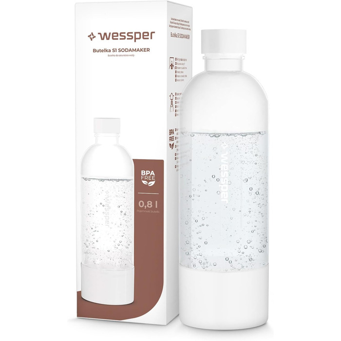 Wessper Машина для газованої води, комплект 800 мл, PET-пляшки без BPA & 60л CO2 балон | Професійний карбонізатор води | Білий
