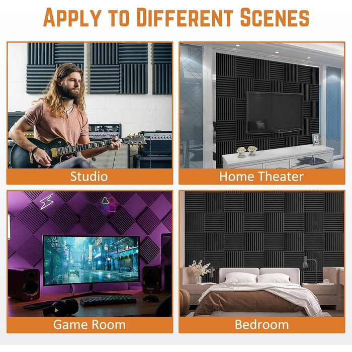 Самоклеїться акустичні панелі з шумопоглинаючого поролону, звукоізоляційні плити для студії та офісу, чорні, 30x30x2.5 см (48 штук)