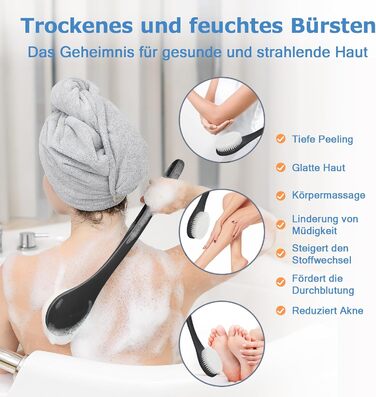 Масажна щітка для тіла з довгим руків'ям - чорна (PE) для пілінгу та масажу