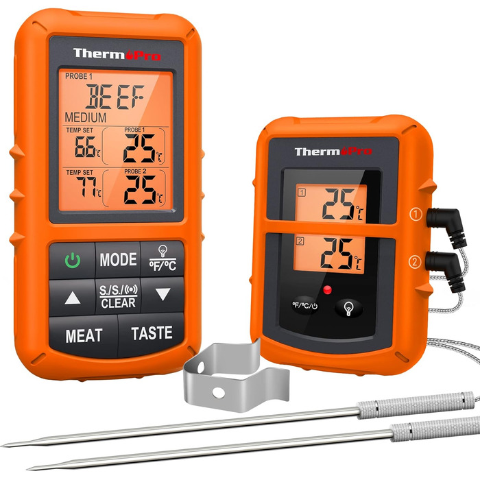 ThermoPro TP20 Цифровий термометр для м'яса з радіусом дії 150м. Бездротовий термометр для гриля, духовки та барбекю з 2 датчиками температури.