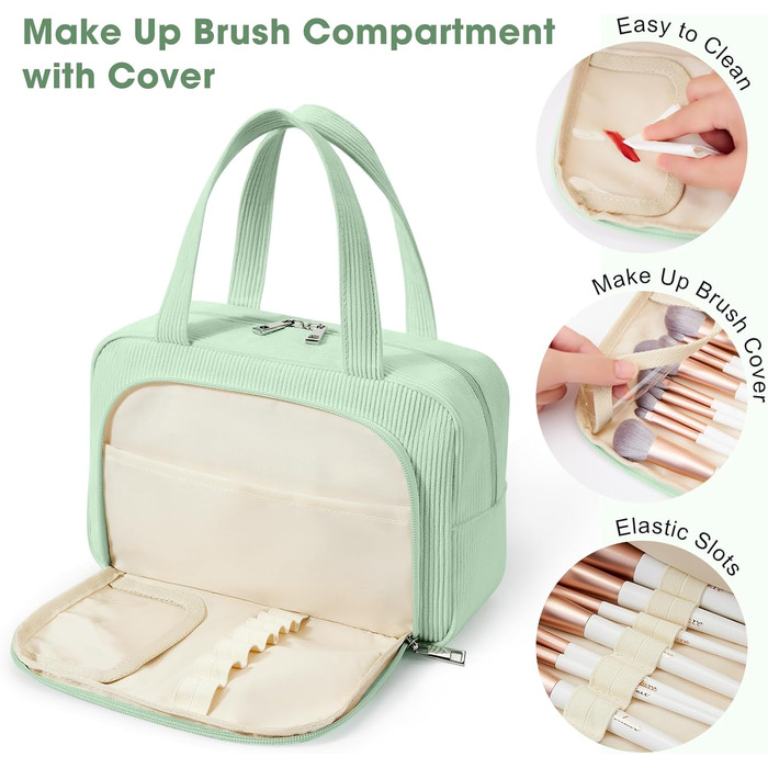 Косметичка жіноча Kalidi з багатьма відділеннями та відділенням для пензликів, велика, для подорожей, зелена (м'ятна)