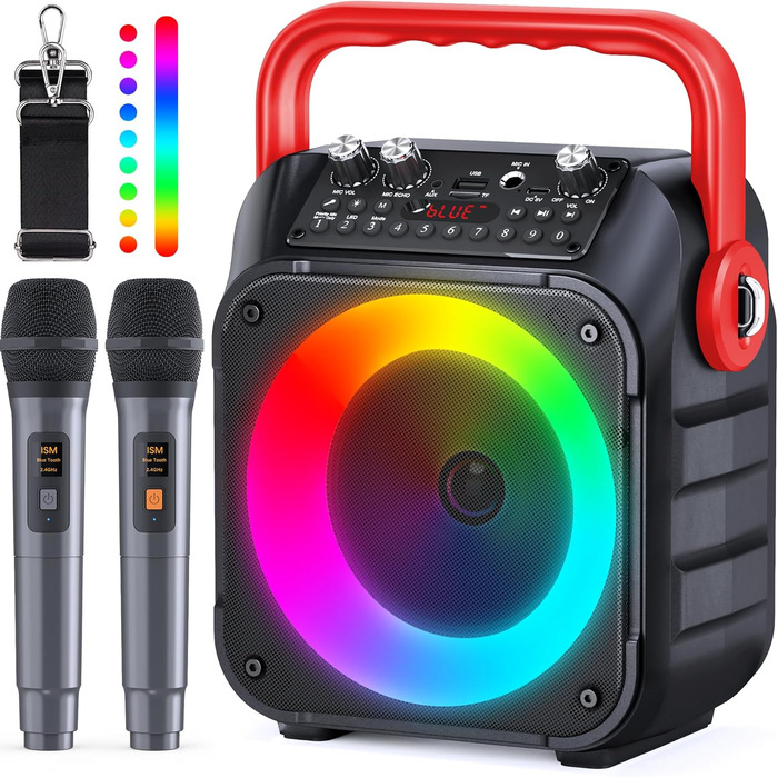 Wowstar Караоке Машина з 2 мікрофонами, Портативна Bluetooth Колонка з підсвічуванням для дорослих/дітей, PA Комплект, Підтримка TF/USB, FM, запис, AUX, TWS, для вечірок (червона)