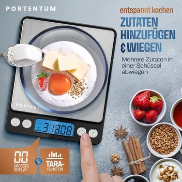Кухонні ваги PORTENTUM 5 кг з LCD-дисплеєм, нержавіюча сталь, вимірювання рідини, точність 1 г, функція тарування, сріблясті (0,01 - 500 г)