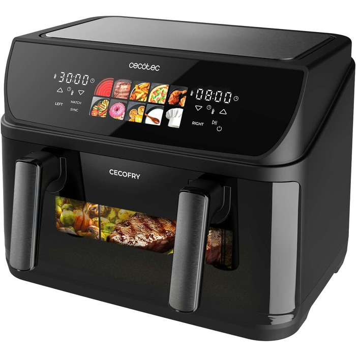 Фритюрниця без олії Cecotec Cecofry Grill Duoheat 8000 з грилем, 2200 Вт, 10 л, 8 меню, регулювання температури 80-200°C, цифровий дисплей, скло, для дієтичного харчування