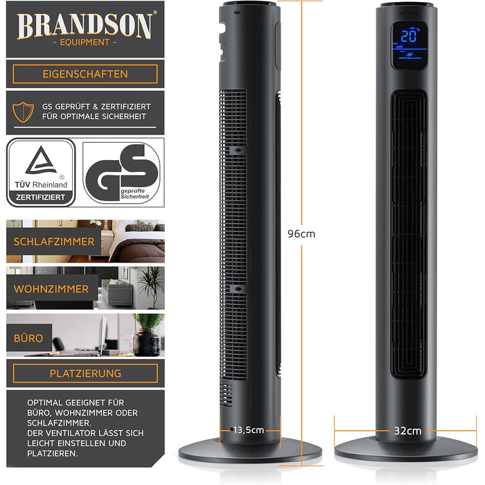 Вентилятор торгової марки Brandson з дистанційним керуванням, діаметром 96 см, преміум-якість (лауреат 2025 року), мобільний, тихий, підлоговий з осциляцією, 3 швидкості, 3 режими, таймер, сертифікат GS, колір: сірий