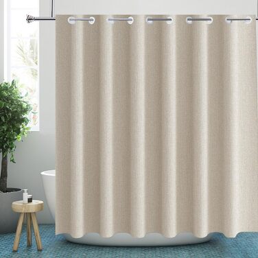 Штора для душу YISURE 200x220 см, бежева, льон, без гачків, водонепроникна, текстильна