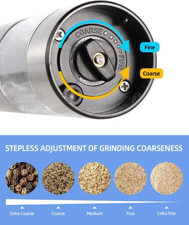 Електричний набір для солі та перцю з зарядною станцією, об'єм 110 мл, перезаряджувана солянка з 5 рівнями, керамічна млинка з щіткою (2 шт.)