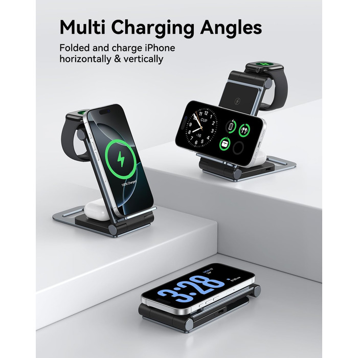 Зарядна станція 3-в-1 для Apple Watch та iPhone: складаний бездротовий зарядний пристрій для iPhone 17/16/15/14/13/12/11 Pro Max, Apple Watch Ultra/SE/9/8/7/6/5/4/3, AirPods Pro 3/2 (Чорний)