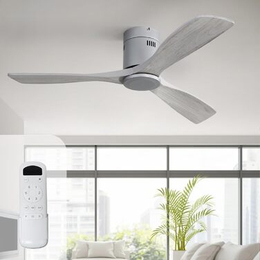 Стелянка вентилятор Sofucor з пультом керування, дерев'яна стельова вентиляція з 3 лопатями, 132 см, тиха, 6 швидкостей, таймер, DC двигун, режим літо-зима для спальні (Без світла + Flush Mount, сірий колір дерева)