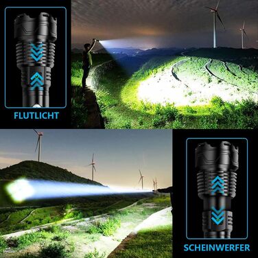 Ліхтарик Glarylight LED акумуляторний, 500000 люмен, надяскравий, зум, 5 режимів світла, водонепроникний IPX7, для вулиці та екстрених ситуацій