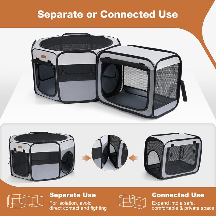 Складаний вольєр для цуценят та котів 120x40 см - 2-в-1, сірий та білий, для дому та вулиці, з сумкою для перенесення, для кошенят, цуценят та дрібних тварин