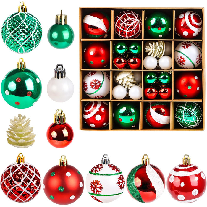 Набір прикрас на ялинку 44 шт. (6см та 3см) - блакитні та срібні ялинкові кулі для декору ялинки в приміщенні та на вулиці (червоний, зелений)