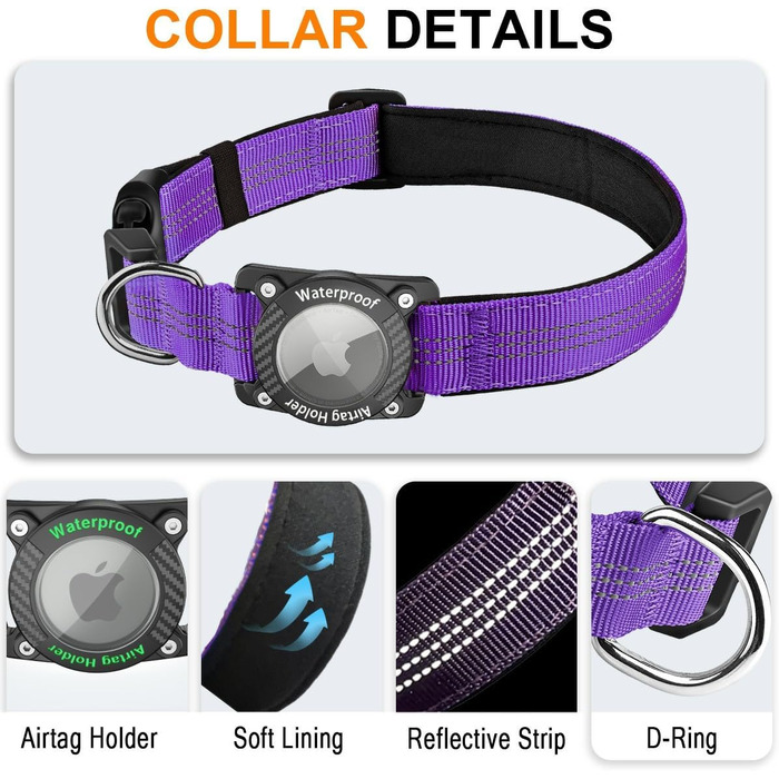Нашийник для собак з AirTag, водонепроникний чохол, GPS трекер, сумісний з Apple AirTag, для малих, середніх та великих собак, розмір S (27-34.5 см), колір: фіолетовий
