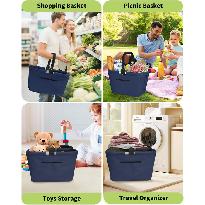 Складаний кошик для покупок 35L з 2 стійками, сімейний, з алюмінієвою ручкою, водовідштовхуючий, для пікніків, подорожей, кемпінгу, подарунок (Синій, 35L (48x28x26cm))