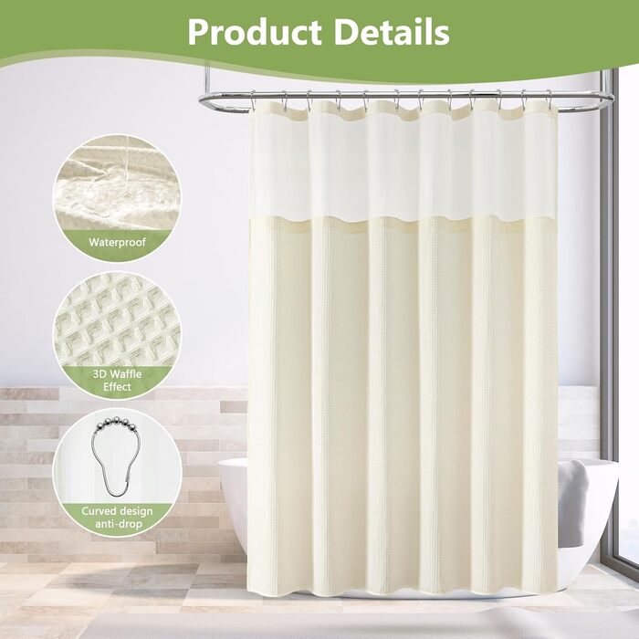 Шторка для душу з тканини вафельного плетіння, важка, водонепроникна, з TPU-покриттям, з сітчастим вікном, готельний стиль, 2 гачки, (Зелений, 83 x 83 см)