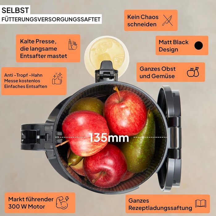 Powerful self-feeding whole fruit masticating juicer, 135 mm feeding chute, 250 W, cold-pressed juice, nut milk, masticating juicer Fridja F2500