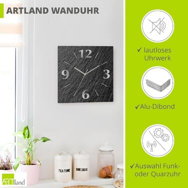 ARTLAND Wall Decor Wall Clock without Ticking Sounds Aluminum Quartz Clock 30x30 cm Square Silent Analog Quartz Clock, 4 Numbers 30x30 cm Slate Look U1RE
