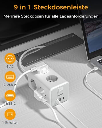Мережевий фільтр TESSAN 6-fach з USB-C, 9 в 1 з вимикачем, 2 метри кабелю для дому та офісу