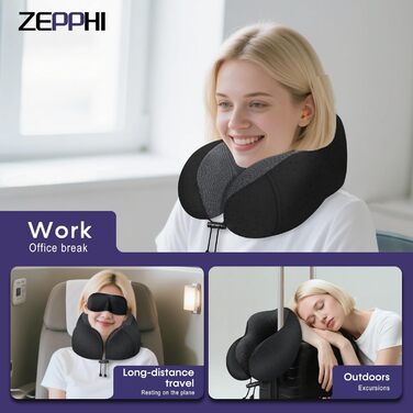 Подушка для шиї у літак - туристична подушка з Memory Foam - зручна подушка-воротник з м'яким дихаючим чохлом - ідеальна для подорожей, офісу, авто, кемпінгу, сну (Чорний)