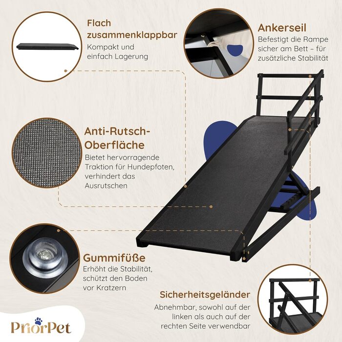 Сходинки для собак до ліжка з поручнями - для великих собак до 90 кг - регульована висота до 94.5 см - ширина 49.5 см - складані - з антиковзним покриттям - з берези - натуральний колір (чорний)