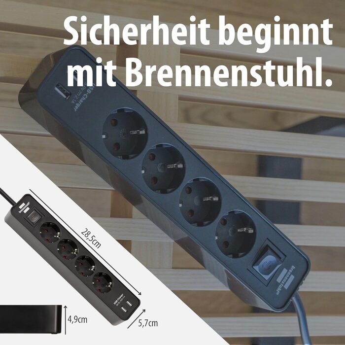 Брененштуль Ecolor Розподільник розеток на 4 розетки з USB-зарядкою (чорний) з вимикачем та кабелем 1.5м