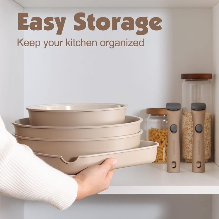 Набір посуду SENSARTE 17 частин з керамічним покриттям, антипригарний, для всіх плит, безпечний, можна мити в посудомийній машині, Ofenfest, бежевий