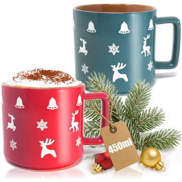 4 чашки для кави Com-Four® з кераміки - 250 мл (червоний/сірий/зелений/синій) з різдвяним дизайном, 450 мл (2 шт. з різдвяними мотивами)