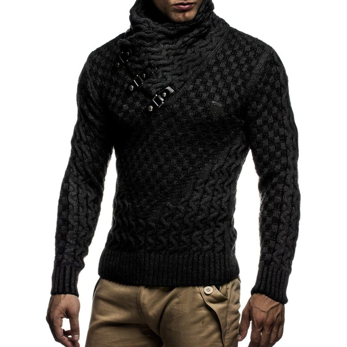 Чоловічий в'язаний светр Leif Nelson з коміром-шарфом / Якісний зимовий светр Regular Fit, ідеальний для повсякденного та ділового стилю, доступний у різних розмірах та кольорах (M, Чорний, Антрацит)