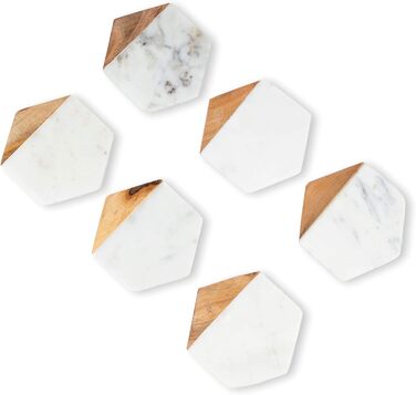 GoCraft Coasters made of marble and mango wood, handcrafted, geometric, white. Marble coasters for drinks, wine glasses, beverages, cocktails, and bar glassware. Elegant home decor (Set of 6)