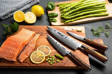 Набір кухонних ножів Wolfblood Damast 3 шт (32/26/20 см) з дамаської сталі 67 шарів, твердість 62 HRC, сертифіковано TÜV + чохол та подарункова коробка