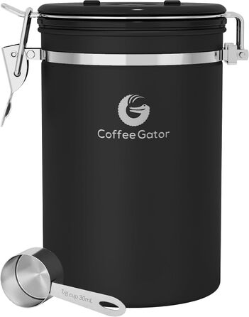 Coffee Gator Контейнер для кави з нержавіючої сталі, герметичний, з датчиком свіжості, клапаном CO2, ложкою, для кавових зерен, меленої кави, горіхів, чаю, цукру (Чорний, L)