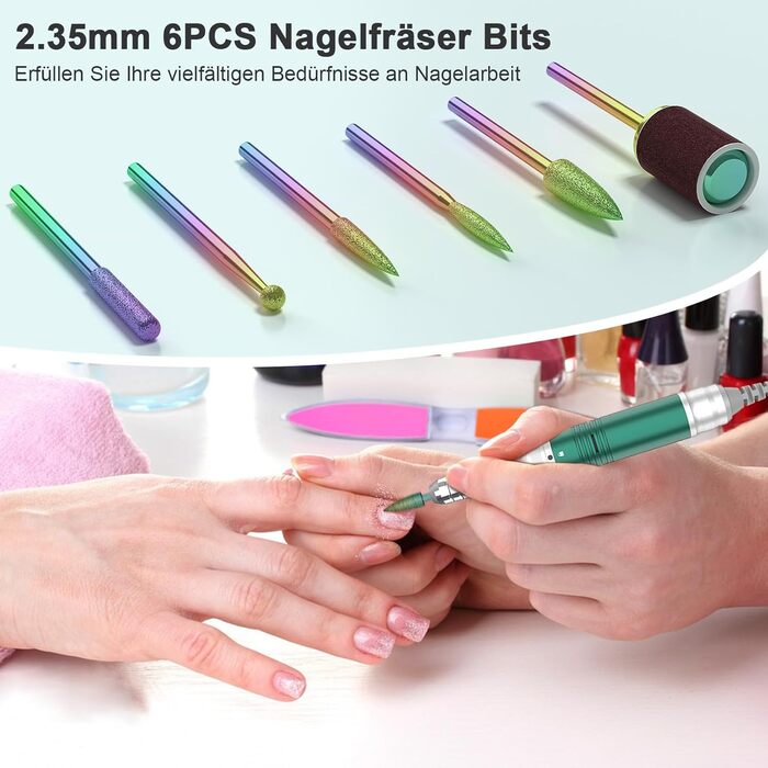 Електричний фрезер для нігтів 6 в 1: манікюрний набір з LED дисплеєм, 35000 об/хв, для гель, акрил, Shellac. Підходить для початківців та професіоналів (Зелений)