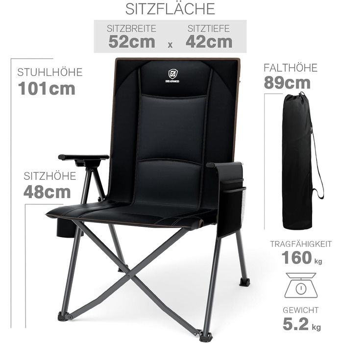 Крісло кемпінгове розкладне EVER ADVANCED з регульованою спинкою (4 положення), чорне, до 160 кг, з бічною кишенею та підсклянником